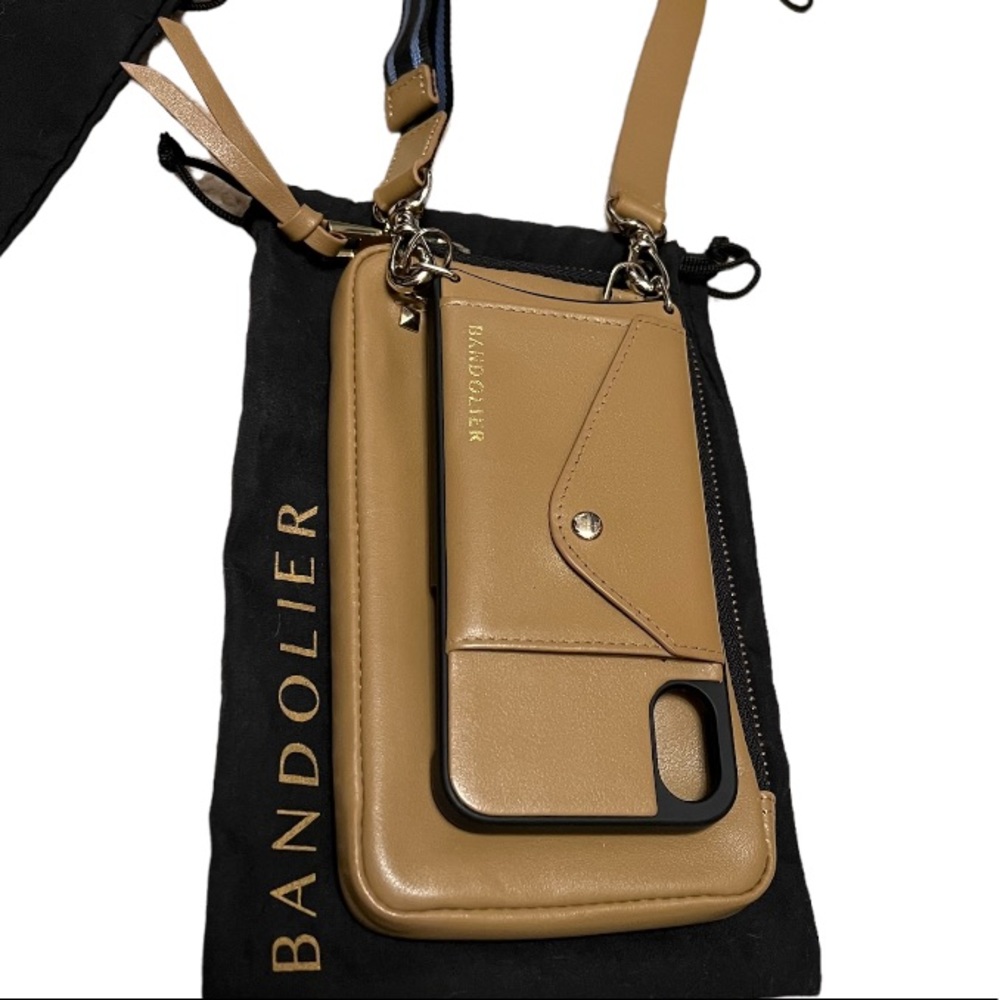 Bandolier Iphone X case, expanded pouch, 2 straps. Smooth leather tan & gold